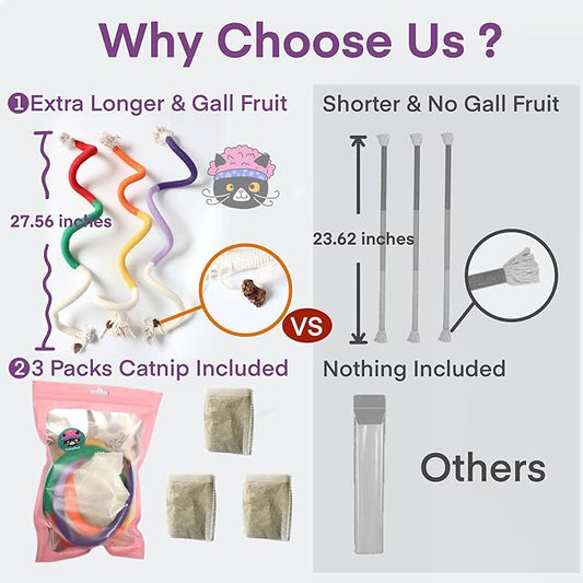 Cat Toys for Indoor Cats, Kitten Toys for Indoor Kittens, Catnip Rope Chew Toys for Teeth Cleaning, Interactive Cat String Toy, Kitty Kicker Toy, 3 Pack (Plus 3 Pouches of Catnip)