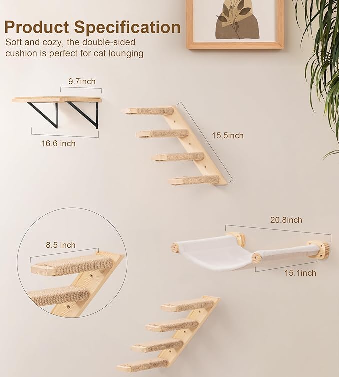 Cat Stairs Hammock Set of 4 – Cat Wall Shelves with 1 Floating Fabric Hammock, 1 Flat Shelf, 2 Wall Ladders with 4 Steps Each