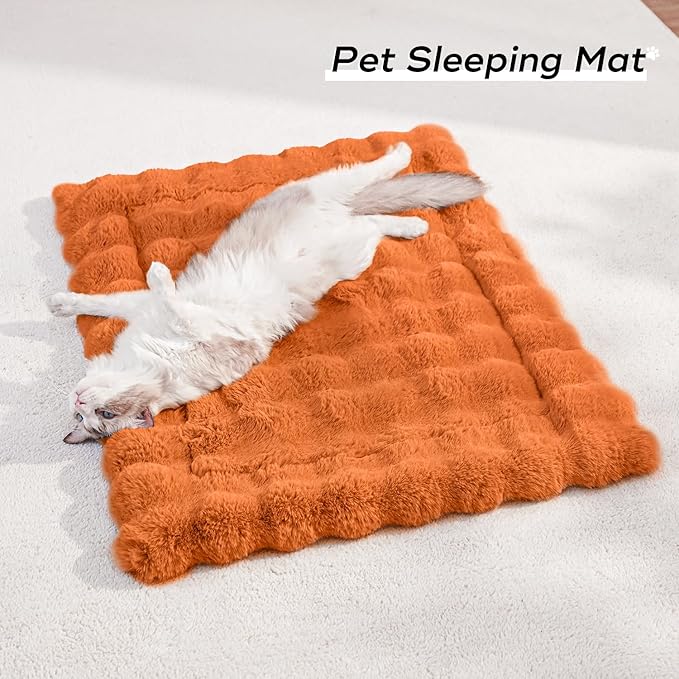 Cat Beds for Indoor Cats Faux Fur Pet Mat Cute Kitten Plush Bed with Non-Slip Bottom for Carriers/Couch Dog & Puppy Friendly 35 x 27 Inch Orange