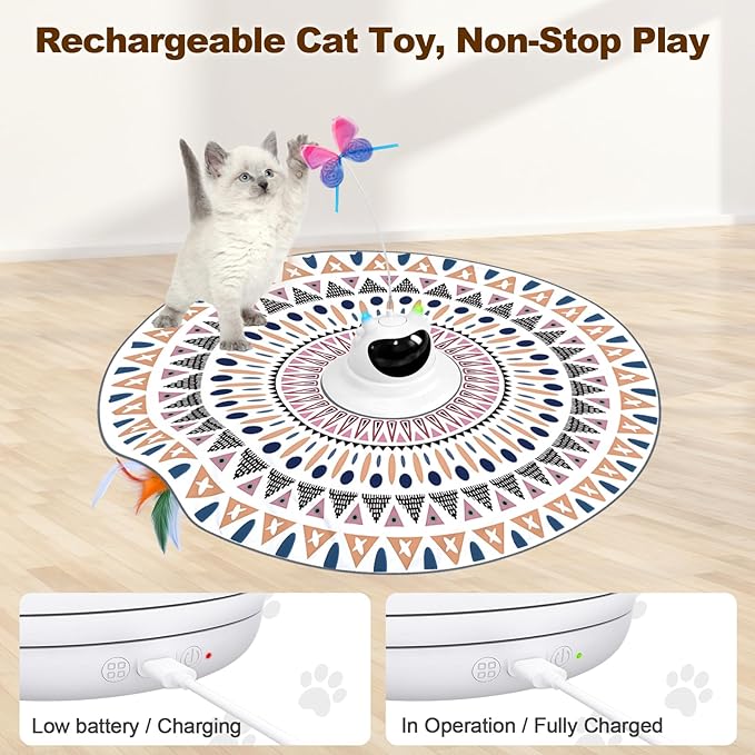 Cat Toys Interactive 2-in-1 Rechargeable Unpredicatable Moving Feather Cat Wand Teaser Hide and Seek, Spinning Butterfly, Kitten Toys for Indoor Cats Exercise