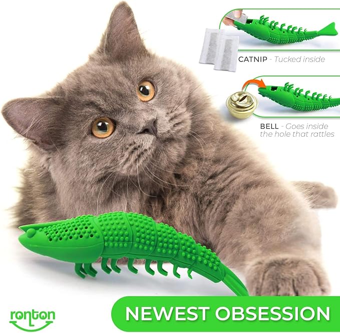 Ronton Cat Toothbrush - Durable Hard Rubber Cat Dental Care, Interactive Toothbrush Chew Toy (1 Pack Green (Shrimp))