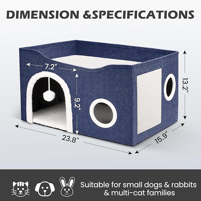 Heeyoo Cat House for Indoor Cats - Large Cat Bed Cave with Fluffy Ball and Scratch Pad, Foldable Cat Houses & Condos, Cat Cubes, Cat Hideaway, Covered Cat Bed for Multi Small Pet Large Kitty