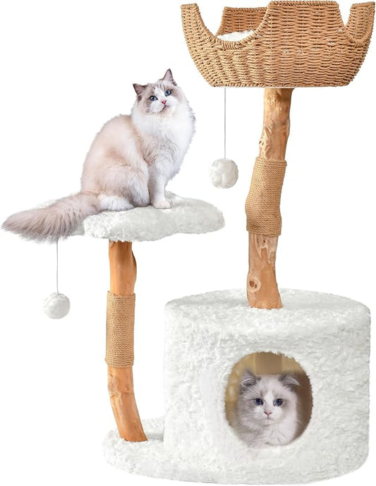Easyego Modern Cat Tree, Aesthetic Wood Cat Tree Tower for Large Cats, Luxury Cat Condo with Scratching Posts and Flower Platforms, Cat Furniture by Easyego, (Rabbit Hair - White)