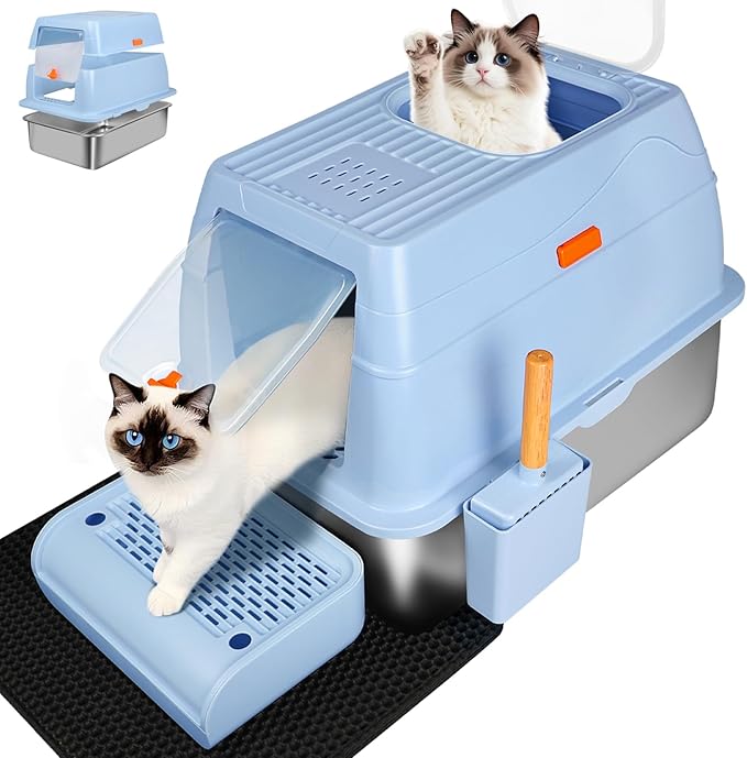 XL Stainless Steel Litter Box, Easy-Clean with Top Exit Design, Odor Control Litter Box with Fully Enclosed Design & Activated Charcoal Space, Trapping Box & Scoop Included (Blue)