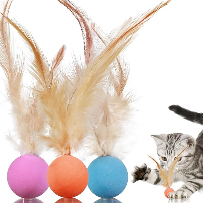 Cat Toys Balls with Feathers, 3 Pcs Interactive Cat Bouncy Balls for Indoor Cats and Playful Kittens, Rubber Kitten Ball Toys for Interactive Playing, Chase Training and Hunting Exercise