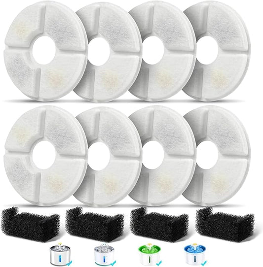 Filters Replacements for Flower Automatic Pet Fountains, Cat and Dog Water Fountain Replacement Parts, Cat Water Fountain Filters for 81oz/2.4L Round Fountains (8 Filters+4 Sponges)