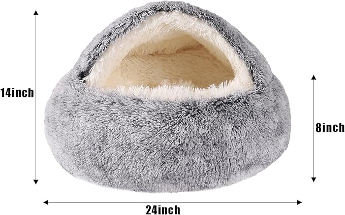 Round Hooded Cat & Dog Bed with Cover Cave, Faux Fur Cuddler - Self Warming Donut Bed Fits up to 22 lbs Pets (Gray, 24" x 24")