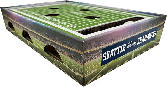 NFL Seattle Seahawks Football Stadium Cat Scratcher Find & Play Box With 2 Jingle Bell Balls - Game Day Toy, Field Felt Scratcher, Play and Lounge Stimulating Game