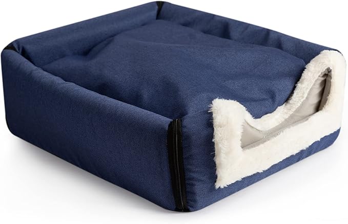 Hollypet Linen Cat Bed, Self-Warming 2 in 1 Foldable Cave House Animal Shape Nest Pet Sleeping Bed, Blue