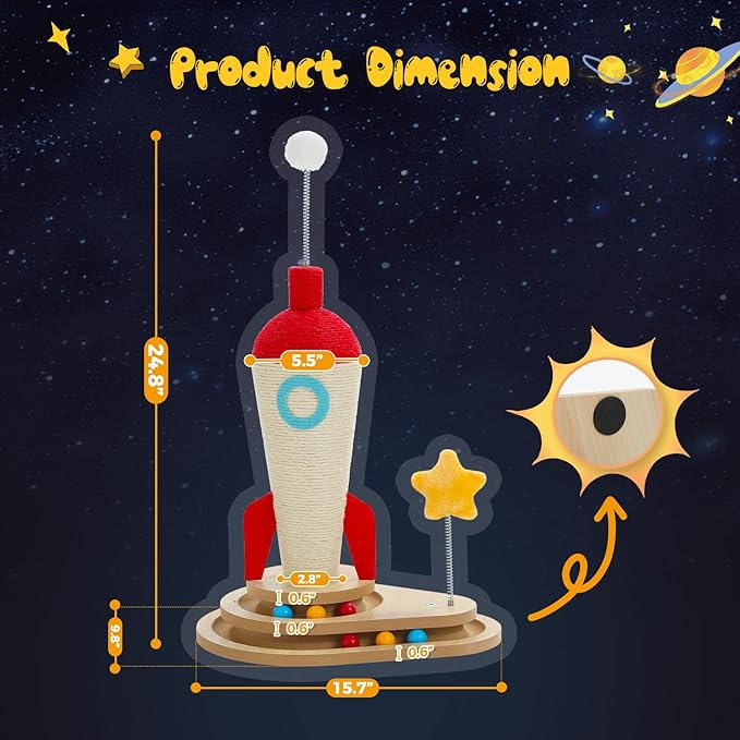 PETEPELA Cat Scratching Post, Rocket Sisal Cat Scratcher, 24.8'' Cute Scratching Post with 2-Layers Wooden Track Cat Toys & Spring Pompom for Indoor Cats Adults