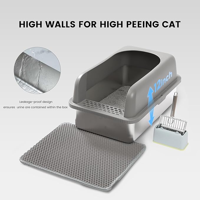 Stainless Steel XL Cat Litter Box for Big Cats- Metal Extra Large Litter Box with Lid, Include Metal Litter Scoop,Mat. High Sided with Guard Prevent Splashing. No Smell, Always New After Clean.
