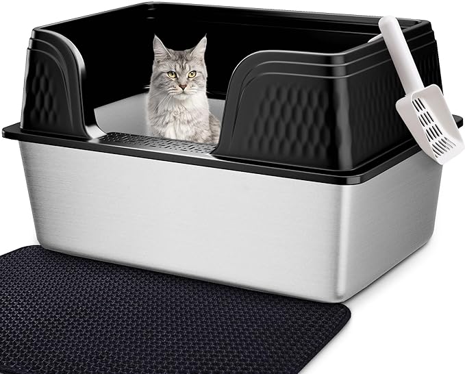 Vealind XXL Stainless Steel Cat Litter Box High Sided with Lid 23.7" L x 16" W x 12" H Side Entry Extra Large Metal Cat Litter Pan with Scoop and Mat for Big Cats Black