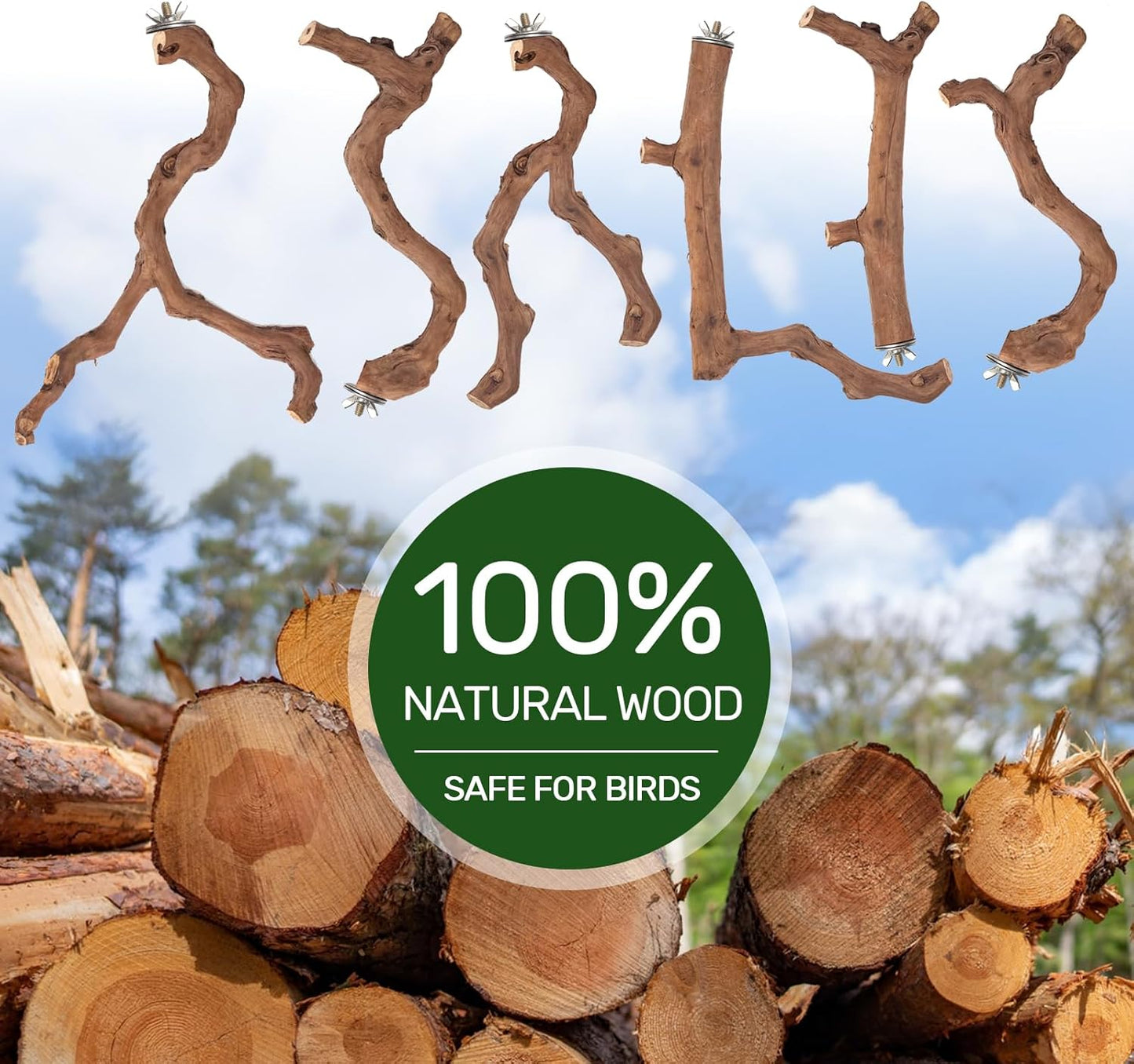 6-Piece Premium Bird Perch Stand with Natural Grape Wood Branch, Paw Grinding Fork, Chewing Stick, Cage Accessories for Parakeets, Budgies, Cockatiels, Finches, Lovebirds