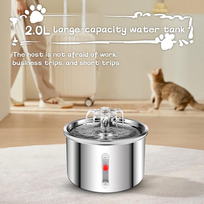 Cat Water Fountain Stainless Steel, 67oz/2L Dog Water Dispenser, Automatic Pet Water Fountain with Ultra Quiet Pump and Water Level Window for Cats,Dogs,Multiple Pets