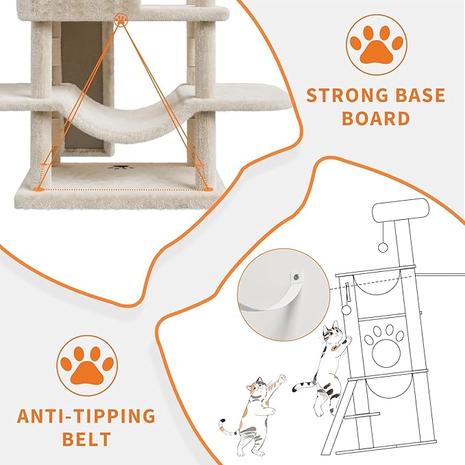 68.5 Inch Multi-Level Cat Tree, Plush Cat Tower with Condo/Sisal Scratching Posts/Hammocks/Basket/Dangling Ball/Platform, Heavy Duty Cats Tree to Play and Sleep, 2605#Beige