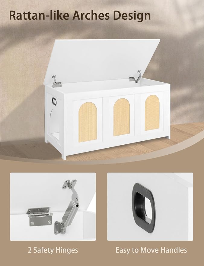 DINZI LVJ Cat Litter Box Enclosure, Flip Top Litter Box Furniture, Rattan-Like Hidden Cat Washroom, Wooden Pet House, End Side Table, 39.4" L x 19.7" W x 19.7" H, Easy to Assemble, White with Rattan
