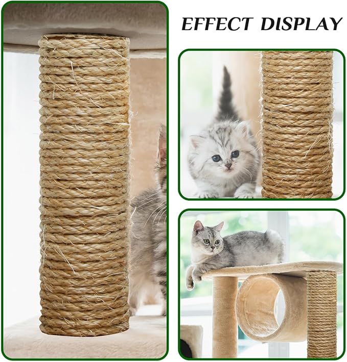Cat Natural Sisal Rope 1/4 Inch 6mm 98-Feet for Cat Scratching Post Tree Tower Replacement Repair and Replace, DIY Hemp Twine Rope for Cat Scratching Furniture Window Perch and Crafts Gardening