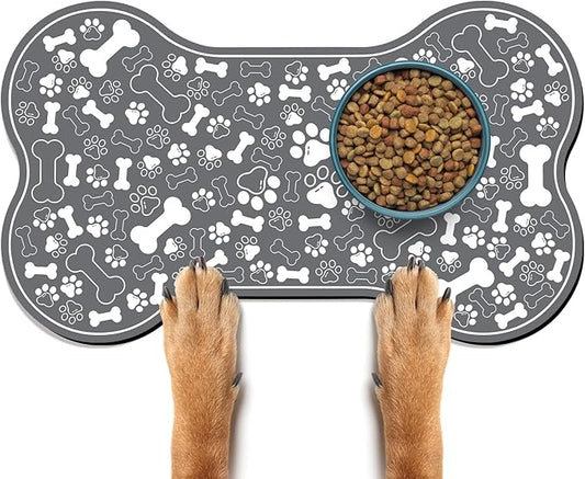 Dog & Cat Food Mat Bone Shaped Pet Feeding Mat Quick Absorb Water Bowl Placemat with Rubber Backing Indoor Floor Stain Resistant Pet Accessory Supplies (Dark Gray, 17x29 Inches)