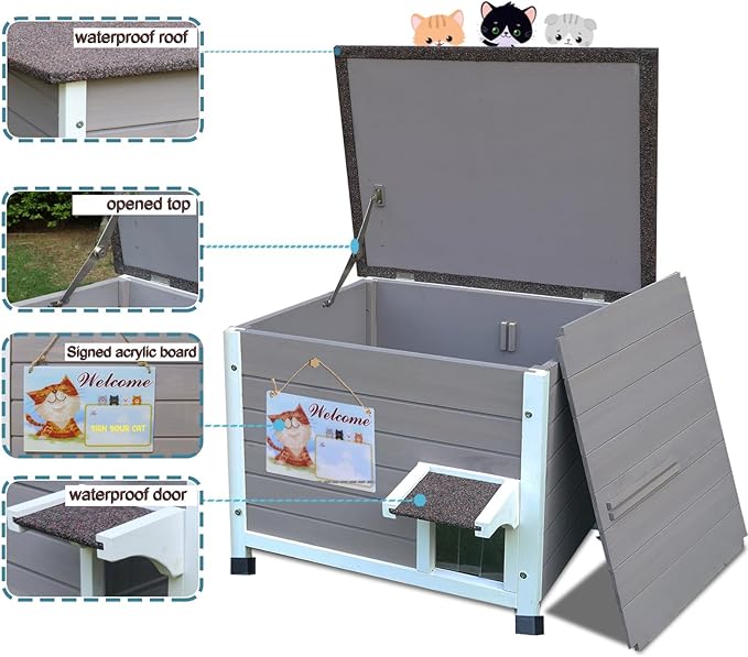 Rockever Outdoor Cat House, 100% Insulated Cat House for Outdoor Cats Weatherproof Feral cat House for All-Round Foam Layers Filling (Grey, L)