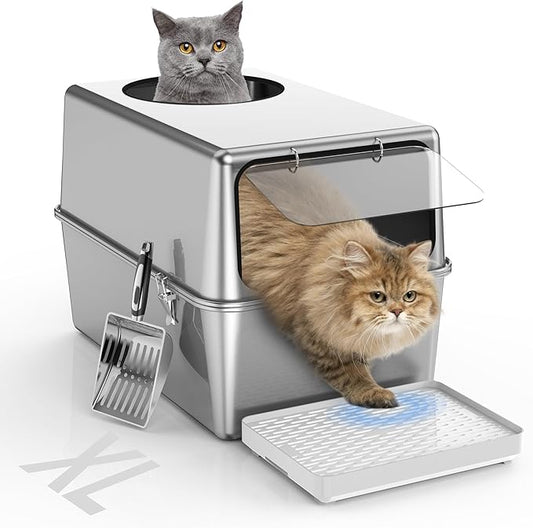 Stainless Steel Litter Box with Lid – Dog Proof, XL Enclosed Metal, High Side, Odor Control, for Big Cats & Multi-Cat Household, Black, Dubble Entry (Top and Front)