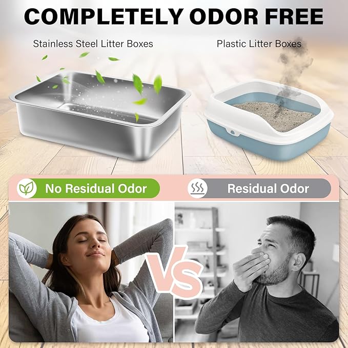 Stainless Steel Litter Box for Kitten 2 Pack,15.7"×11.8"×4" Small Litter Box for Kittens Easy Entry, Non Odor, Easy to Clean, Metal Litterbox for Cat, Rabbit, Ferrets, Guinea Pigs