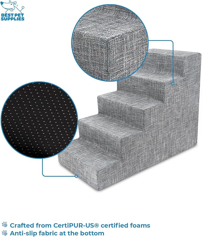 Best Pet Supplies Dog Stairs & Steps - Foam Steps for Small Dogs & Cats, Non-Slip Indoor Balanced Pet Step Support, Dog Ramp, No Assembly, Ash Gray Linen, 5-Step (22.5-inch Height)