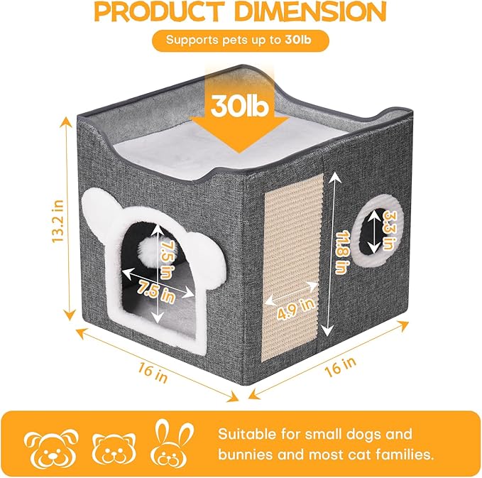 Cat Beds for Indoor Cats, Large Cat House Foldable Cat Cave with Scratch Pad and Hanging Fluffy Ball, Reversible Cushion Hideaway for Pet Cats, 16.5x16.5x13.2 inches, Dark Grey