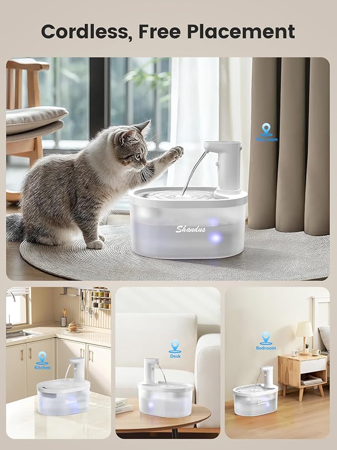 Wireless Cat Water Fountain, 5000mAh Battery Operated Cat Water Fountain, 101oz/3.2L Rechargeable Automatic Pet Drinking Fountain for Cats Dogs Indoor Outdoor, Ultra Quiet with Replacement Filters