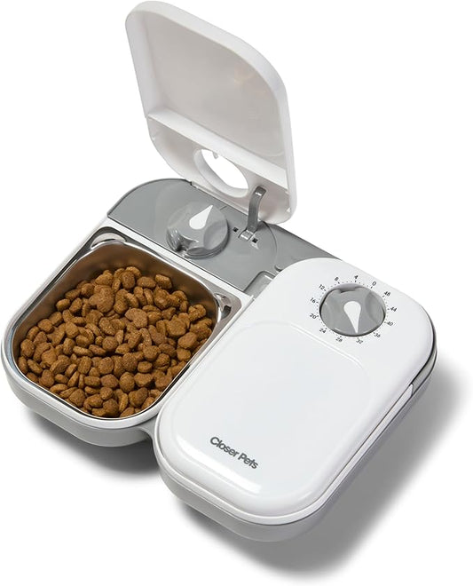 Closer Pets C200 2 Meal Timer-Controlled Automatic Pet Feeder - for Cats and Small Dogs, Wet or Dry Food, Stainless Steel Bowl Inserts and Ice Pack, up to 0.88 lb Each, White