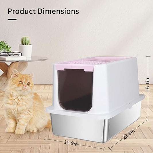 RIZZARI Stainless Steel Cat Litter Box, Odorless Enclosed Litter Box with Top Holes, Large Litter Pan for Small to Large Sized Cats (Pink, 23.8" L*15.9" W*16.1" H)