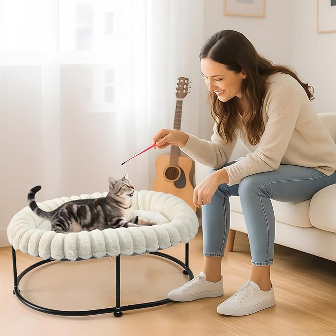 Sunhoo Elevated Cat Bed for Indoor Cats Raised Kitten Hammock Large High Puppy Cot Off Floor Self-Supporting Small Pet Chair with Metal Frame Washable Cushion Easy Assembly 23 * 17 * 8.3 in (White)