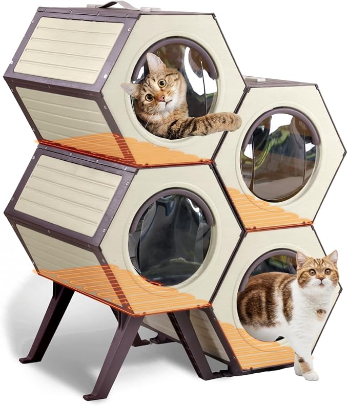 Heated Cat House for Outdoor Winter,Combined Cat Condo with Adjustable Temperature and Time， Insulated Outdoor or Indoor Cat Shelter for Feral with Escape Door (White and Brown, 4 Sets)