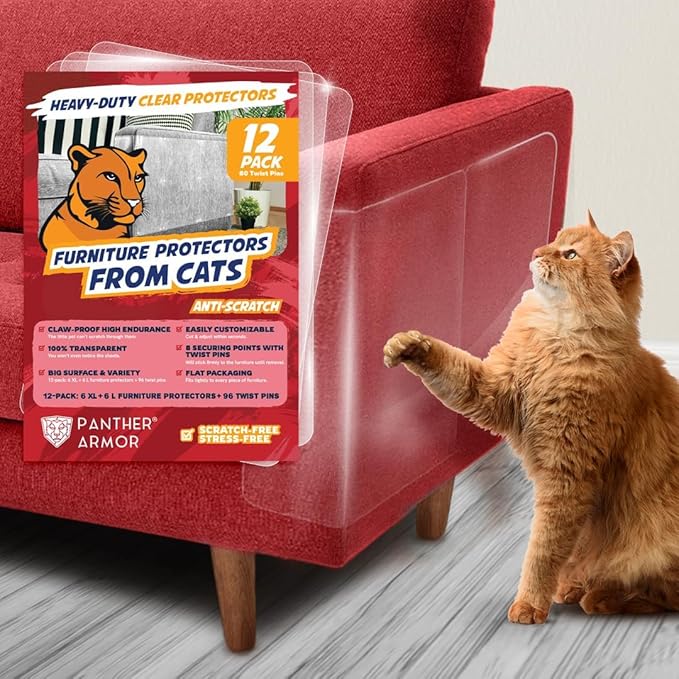 Panther Armor 12-Pack Furniture Protectors from Cats Scratch with 72 Twist Pins, Anti Scratch Couch Guards - Sofa Corner Cats & Dogs Scratching Training Tape Deterrent