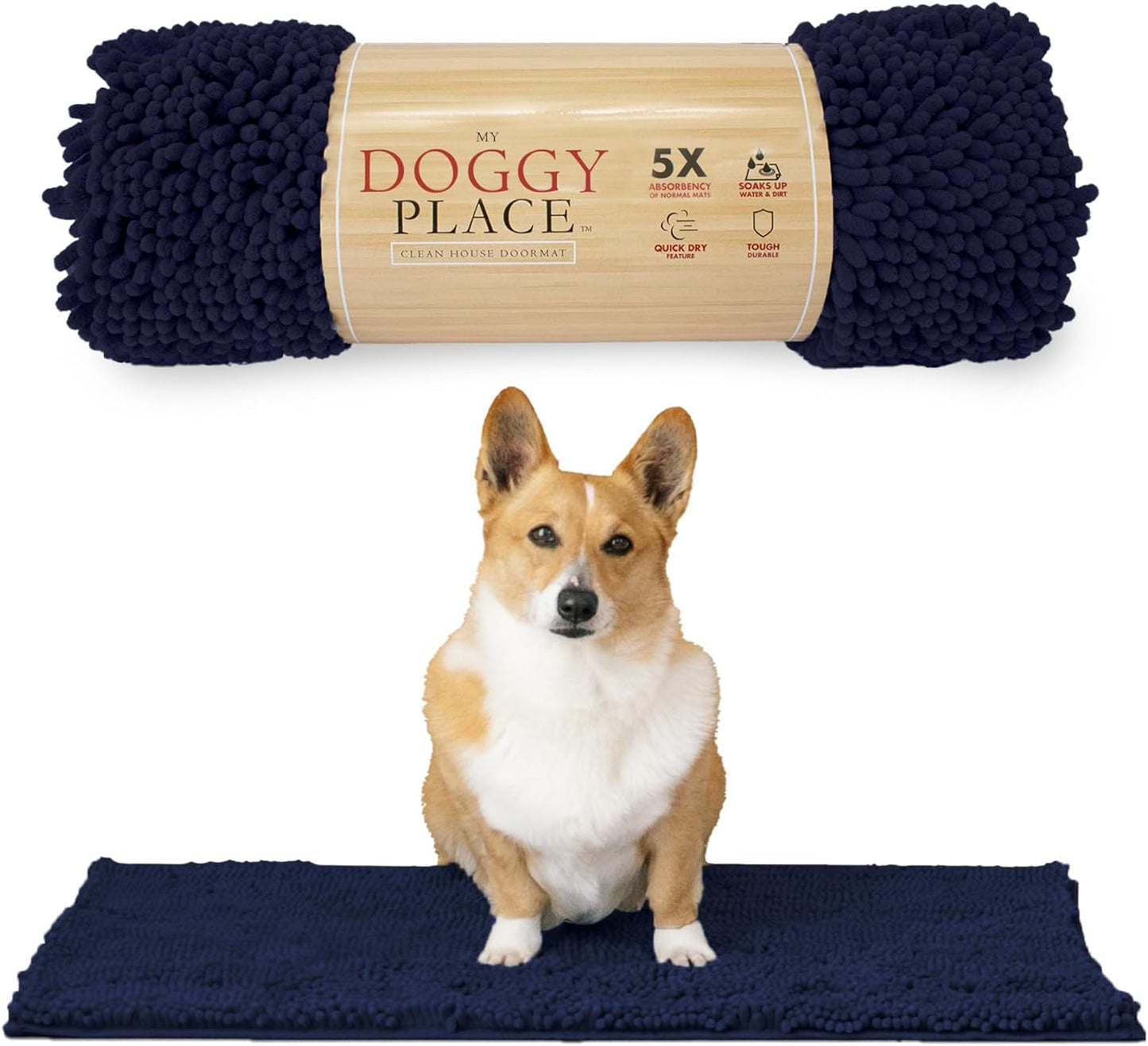 My Doggy Place Microfiber Dog Mat for Muddy Paws, 31" x 20" Navy Blue - Absorbent and Quick-Drying Dog Paw Cleaning Mat, Washer and Dryer Safe - Non-Slip Rubber Backed Dog Floor Mat, Medium