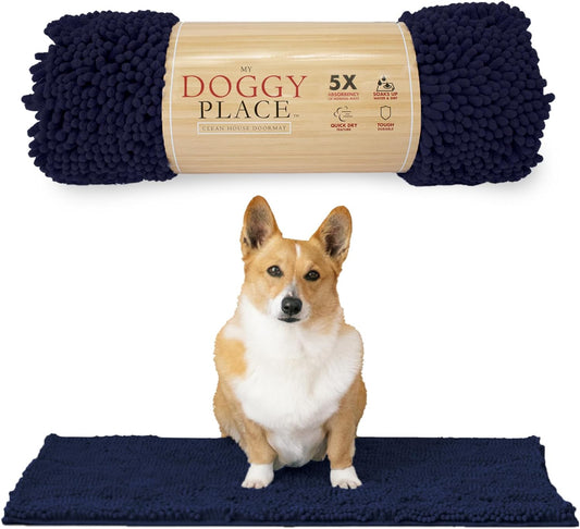 My Doggy Place Microfiber Dog Mat for Muddy Paws, 31" x 20" Navy Blue - Absorbent and Quick-Drying Dog Paw Cleaning Mat, Washer and Dryer Safe - Non-Slip Rubber Backed Dog Floor Mat, Medium