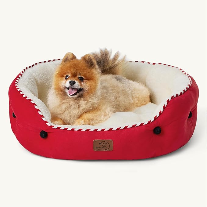 Bedsure Dog Beds for Small Dogs - Round Cat Beds for Indoor Cats, Washable Pet Bed for Puppy and Kitten with Slip-Resistant Bottom, 25 Inches, Antique Red