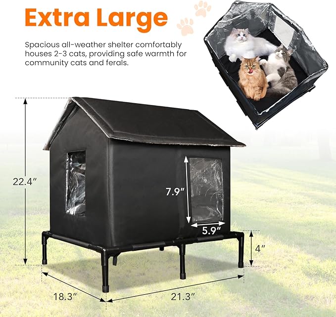 Outdoor Cat House Weatherproof, Extra Large Elevated Feral Cat House for Outside/Indoor, Insulated Stray Cat Shelter with Zipper, Waterproof Cat Tent