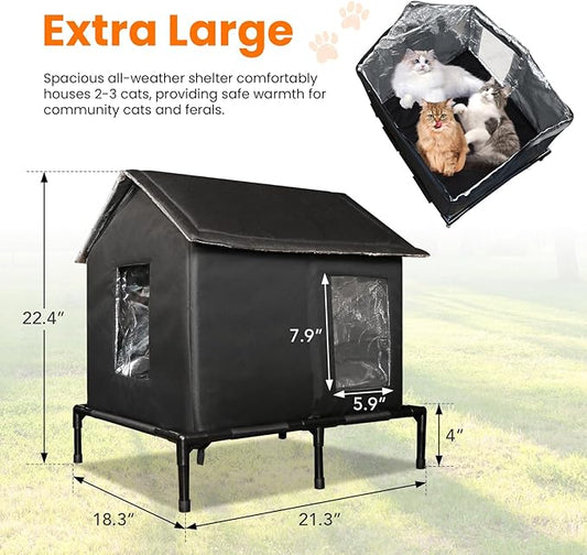 Outdoor Cat House Weatherproof, Extra Large Elevated Feral Cat House for Outside/Indoor, Insulated Stray Cat Shelter with Zipper, Waterproof Cat Tent