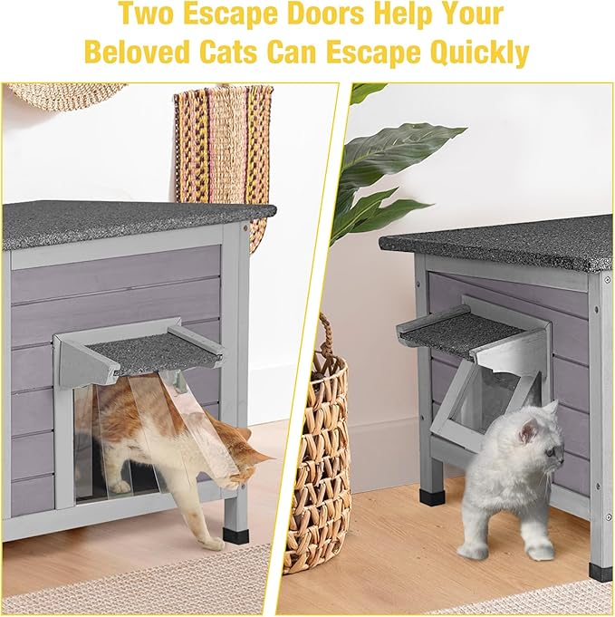 Aivituvin Outdoor Cat House，Double Rooms Waterproof Outside Feral Cat Shelter for Winter 100% Wood
