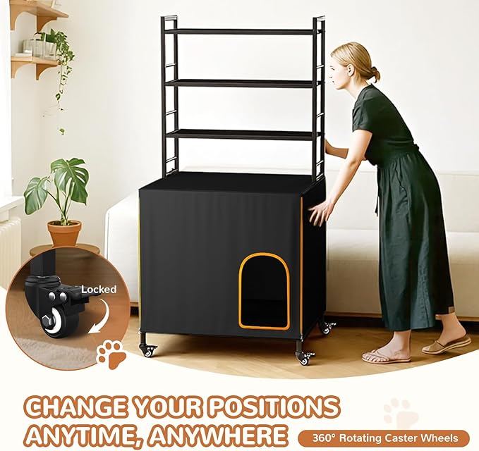 Lekereise Cat Litter Box Enclosure, Large Hidden Litter Box Furniture with Removable Waterproof Cover, Kitty Litter Box Furniture with 3-Tier Adjustable Shelves Storage and Wheels (70.87”H, Black)