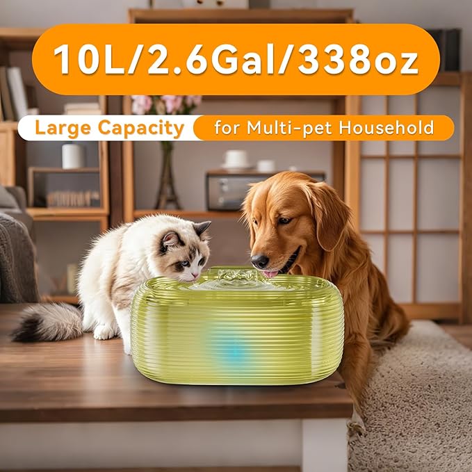JMICOW 10L/2.6Gal/338oz Dog Water Fountain for Large Dogs, Dog Fountain Water Bowl, Pet Water Fountain with 5 Replacement Filters and 4 Cleaning Brushes (Yellow)