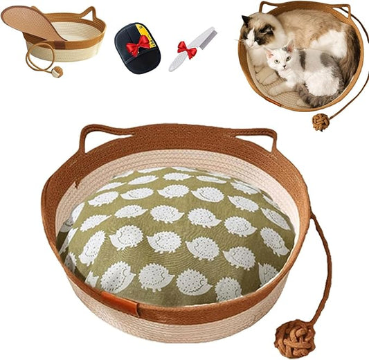 Cutypet Cat Basket, Cuty Pet Basket, Handwoven Cotton Rope Cat Bed, cat Scratch Bed with Built-in Teasing Ball, Breathable & Easy to Clean and Detachable Pad (Brown with Cushion, Small)
