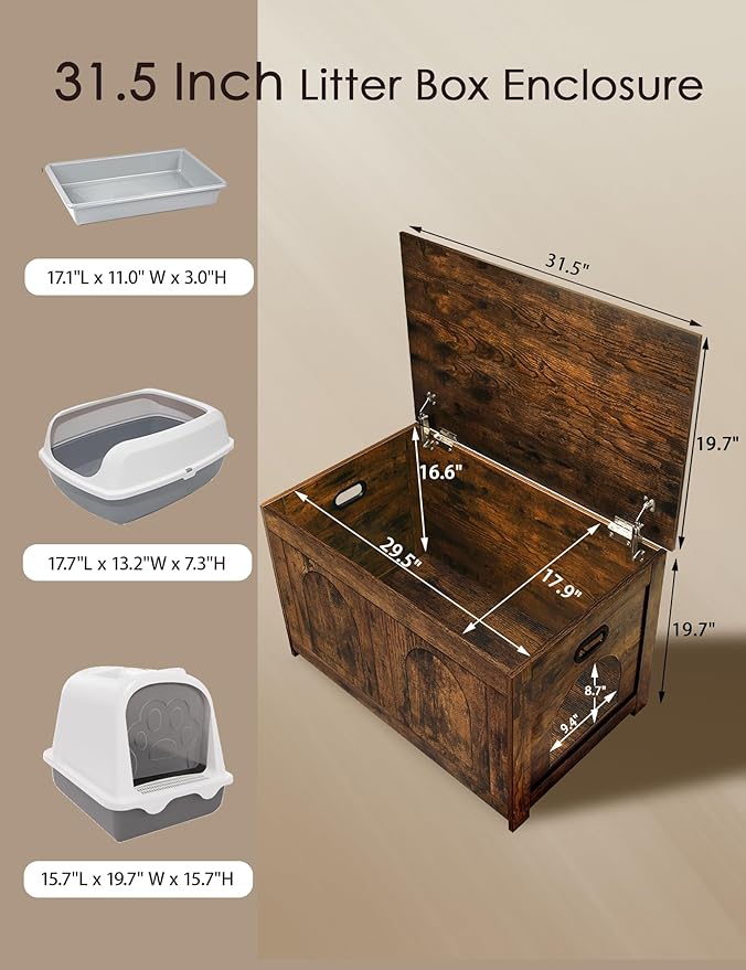 DINZI LVJ Cat Litter Box Enclosure, Flip Top Litter Box Furniture, Farmhouse Hidden Cat Washroom, Wooden Pet House, End Side Table, 31.5"L x 19.7"W x 19.7"H, Sturdy and Easy to Assemble, Rustic Brown
