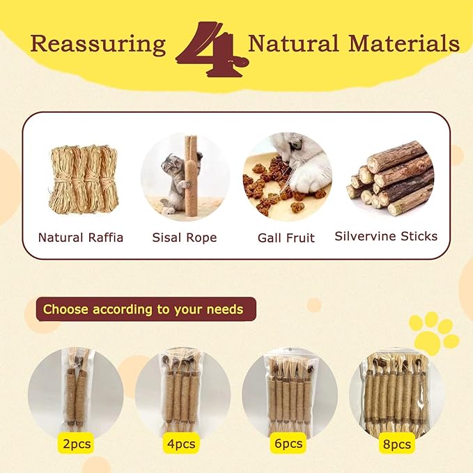 Natural Silvervine Sticks Cat Toys, Catmint Silvervine Blend Sticks, Catnip Kittens Chew Toys Teeth Cleaning (4 Pack)