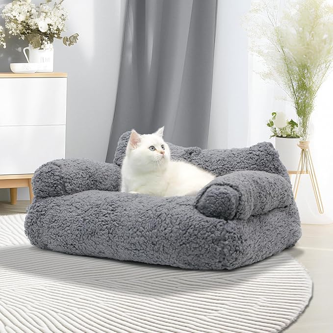 Cat Couch Bed - Cat Bed for Indoor Cats, Calming Pet Sofa Puppy Sleeping Bed with Removable Washable Cover, Cute Dog Couch and Kitty Lounge Chair for 18lbs Cats & Small Dogs(Gray)