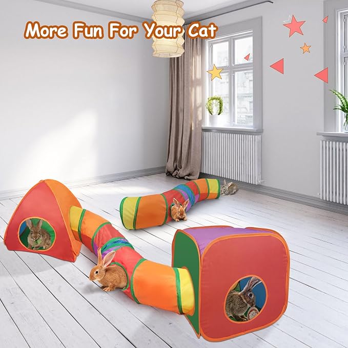 Rypet Cat Tunnels for Indoor Cats with Cube Tent Toys Combo Pop Up Collapsible Crinkle Interactive Peek Hole Cat Tube with Play Ball and Bell for Kitten, Puppy, Kitty, Rabbit