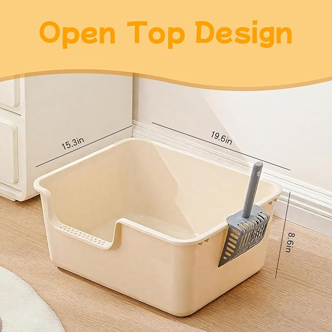 Large Cat Litter Box with High Sides,Cat Litter Pan with Low Entry,Cat Box for Indoor Kittens & Senior Cats,Anti-Splashing,Waterproof,Easy to Clean,Durable (White)