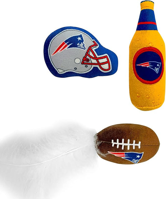 BEST PLUSH CAT TOY: NFL NEW ENGLAND PATRIOTS Complete Set of 3 piece Cat Toys filled with Fresh Catnip. Includes: 1 Helmet Cat Toy, 1 Football Cat Toy with Feathers & 1 Beer Bottle all with Team LOGOS