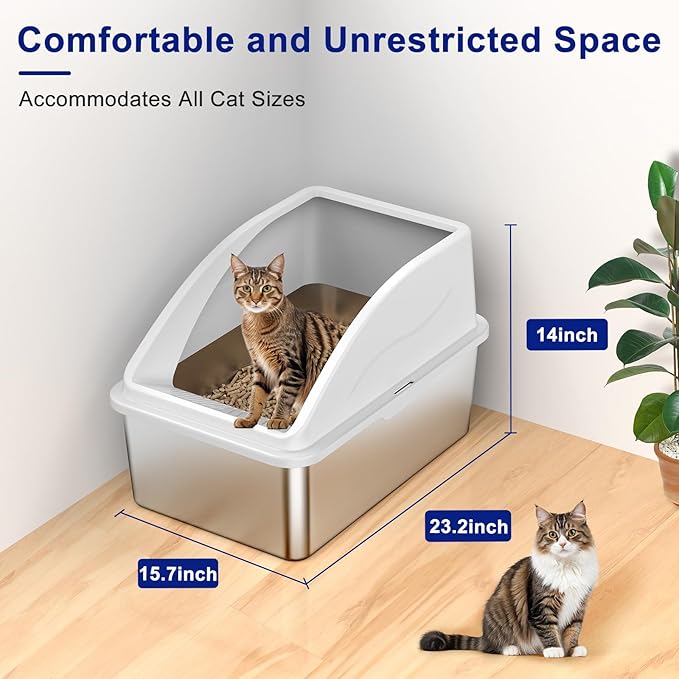Stainless Steel Litter Box for Pine Pellet Cat Litter Non Clumping Litter System | XXL Sifting Cat Litter Box with Lid for Big Cats | High Sided, Anti-Urine Leakage | Non-Stick Bottom