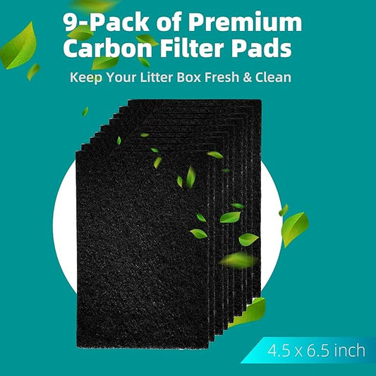 9-Pack 4.5" x 6.5" Carbon Filter Pads for Covered Cat Litter Boxes – Odor Control Replacement Liners for Enclosed Litter Systems